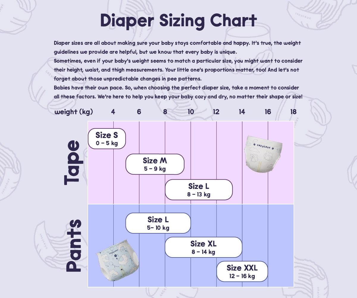 cozycove baby diaper size chart for pants and tape